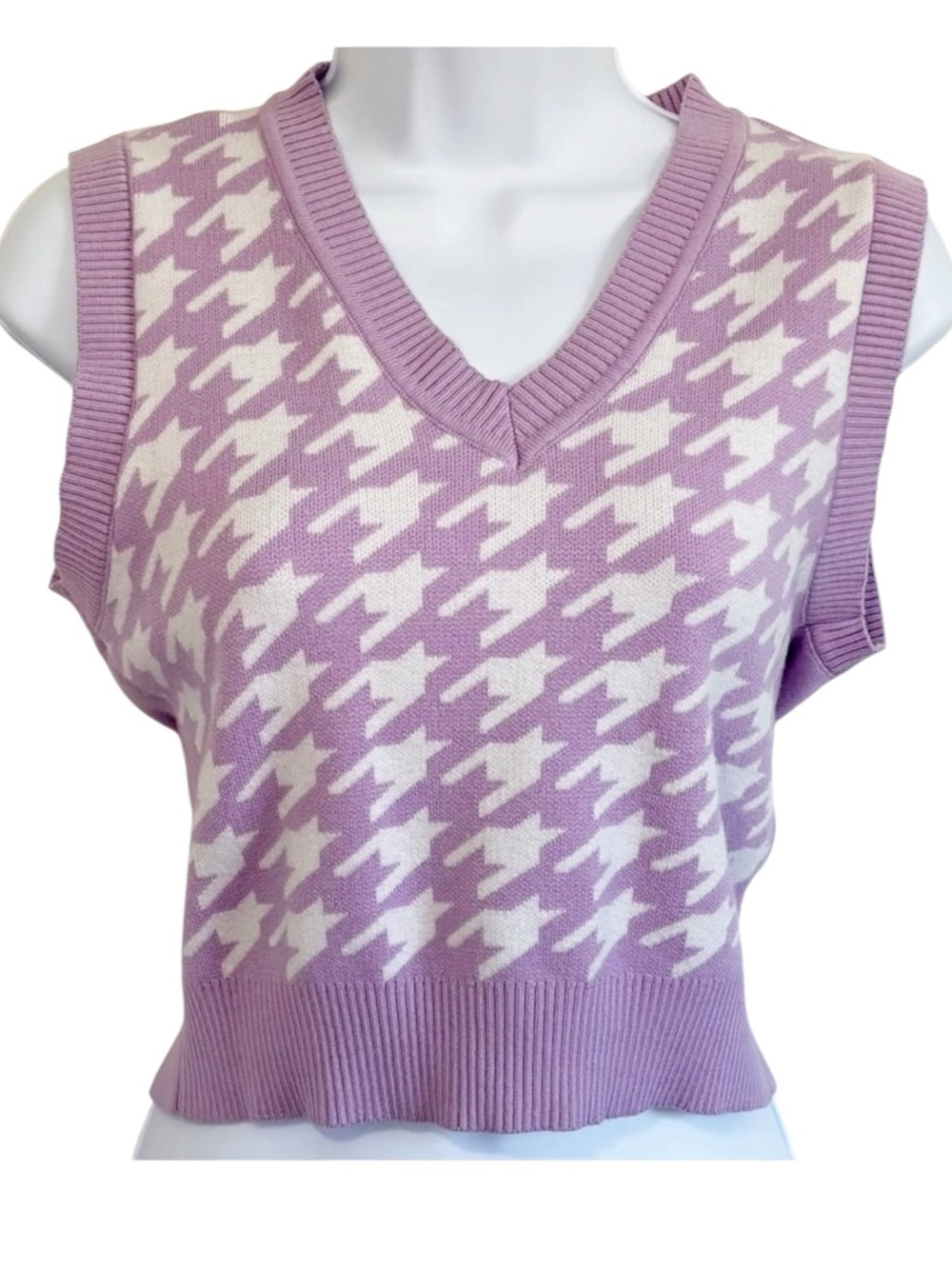 HAUTE MONDE Houndstooth Sweater Vest Large Purple White Preppy V Neck Knit